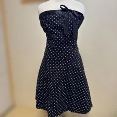 ドット柄 ベアトップ ワンピース ブラック フレア リボンS