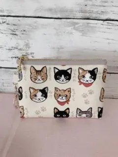 ハンドメイド ミニポーチ キーホルダー付きポーチ 猫柄