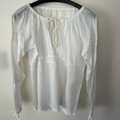 ホワイト レース装飾 長袖シャツ