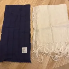 ネイビーとホワイトのフリンジ付きストール シルク混