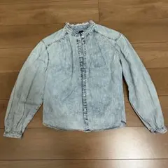 GAP デニムシャツ フリルネック 長袖 ライトブルー XS