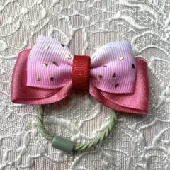 リボンヘアゴム ピンクと赤 ゴールドハート
