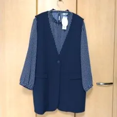 ネイビー ドット柄ブラウス付きベスト 大きなサイズ