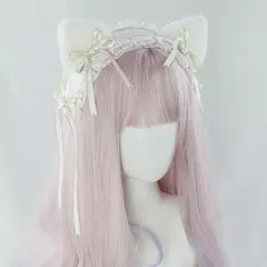 【新品未使用】猫耳 ヘッドドレス ねこみみ ロリータ ハロウィン ホワイト