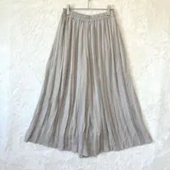 ガウチョパンツ L ウエストゴム フレア ロング丈 プリーツ グレージュ 無地
