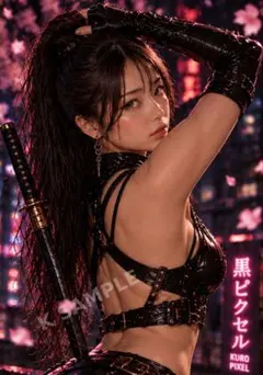 AI美女 サイバーパンク 女侍 サムライ 桜 L判写真 AIアート
