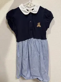 プティマイン　半袖ワンピース ネイビー ストライプ クマ刺繍