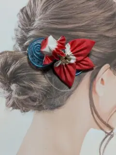 正絹羽二重　つまみ細工　紅白金魚のヘアコーム　髪飾り　浴衣　金魚