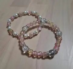 ビーズブレスレット2本セット 推しカラー ピンク 桃色 イエロー ハンドメイド