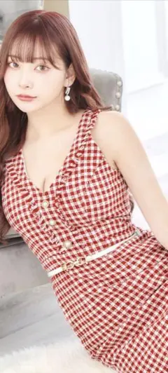 新品 未使用 ツイードドレス チェック柄 ノースリーブ ベルト付き レッド M