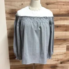 マジェスティックレゴン レース切替ブラウス長袖 M ギンガムチェック フリル