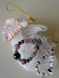 今だけ3点☆ピンク/グリーン/ブラックトルマリンのストラップ☆ピンクオパール他