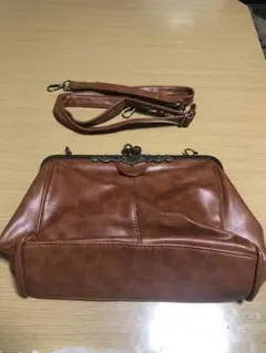 ブラウン ショルダーバッグ 合成皮革 2way ハンドバッグ がま口