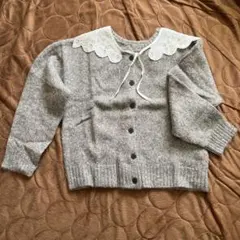 グレー 長袖カーディガン レース付け襟