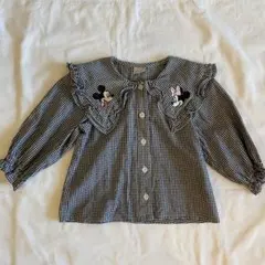 【100cm】petit main ミッキー＆ミニー刺繍/フリル長袖ブラウス