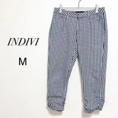 インディヴィ ギンガムチェック　テーパードパンツ　裾シャーリング　ワールド　M