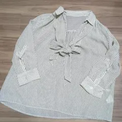 イノウェーブ　ストライプ リボン付きブラウス七分袖 五分袖　Мサイズ