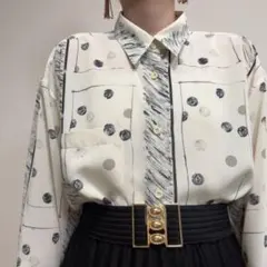 訳あり メンズ 透け感 アイボリー系 ドット柄 古着 柄シャツ Lサイズ相当のサムネイル
