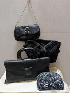 【まとめ売り】ヴィンテージ オーストリッチ柄バックとポーチのブラックバッグセット