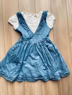 メゾピアノデニムブルー フリル付きワンピース 半袖