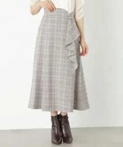 グレー系チェック フレアスカート ラッフルデザイン