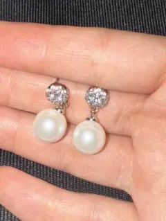 一粒パール×ダイヤピアス　シルバー結婚式 真珠　キラキラ