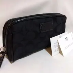 【美品】COACH　ポーチ　F42524　キャンバス　パテントレザー　黒