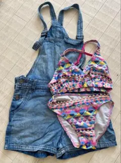デニムオーバーオールとビキニセット＊キッズ＊130＊3点セット