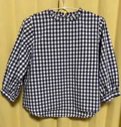 ギンガムチェックブラウス　青　七分袖
