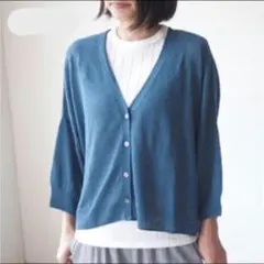 リネン100% カーディガン ブルー グリーン　マオメイドのサムネイル