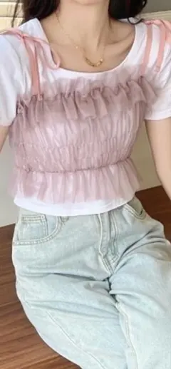 SHEENA リボンチュールシャーリングキャミビスチェ ピンクのサムネイル