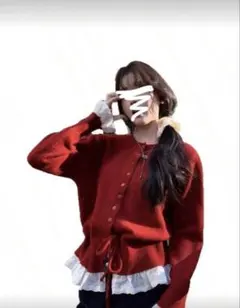 赤ニット カーディガン セーター フリルリボン