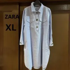 ZARA 青 ストライプボタン付き長袖シャツワンピース　XL