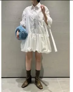 【吉田朱里さん着用】リリーブラウン バルーンシャツミニワンピース　リボン　白