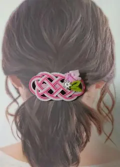 No.405 水引バレッタ ちりめん カボション ピンク ヘアアクセサリー