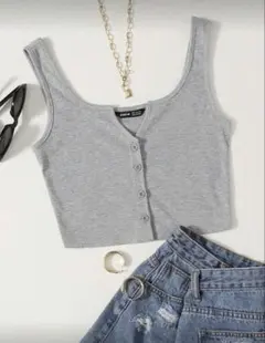 フロントボタンタンクトップ／ミニ丈／お腹見せ／ライトグレー／M