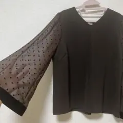 シースルー ドット袖柄 Vネック 長袖トップス　Mサイズ