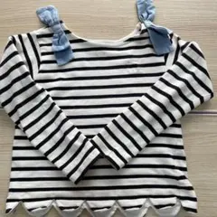 petit main リボン付きボーダー長袖カットソー