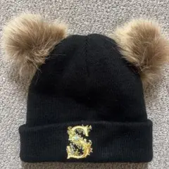 ベビー　キッズ　ニット帽 ブラック ポンポン付き Sロゴ刺繍　値下げ可能です。