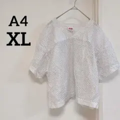 A4 【XL】 メッシュ ホワイト　Tシャツ　カットソー　重ね着　Vネック