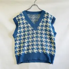 Vネックニットベスト　千鳥格子柄　ブルー　ホワイト フリーサイズ