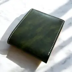 【本革】二つ折り財布 牛革 経年変化 グリーン 緑 メンズ レザーウォレット
