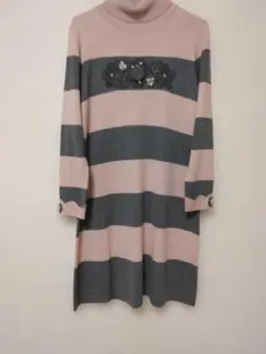 タートルネック ピンク グレー ストライプ ワンピース