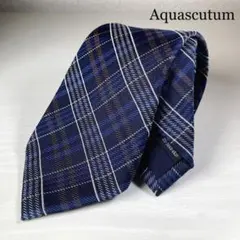 極美品 アクアスキュータム ネクタイ シルク100% チェック 紺色 茶色