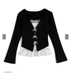 GRL オープンカラーレースレイヤード風リボントップス[ks228]