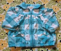 90㎝ ウィンドブレーカー 帽子 チェック 丸襟 青 白 丸高衣料 used