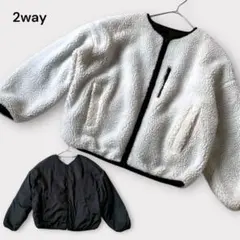 2way リバーシブル ボアジャケット M 黒白 ノーカラー フリース ブルゾン