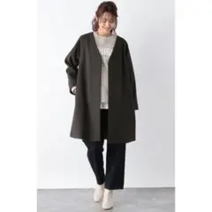グローバルワーク　軽やかストレッチノーカラーコート　杢チャコール　S