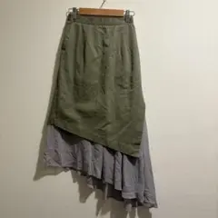 Ameri 異素材ドッキング アシンメトリー ロングスカート カーキ　ミリタリー