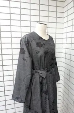 着物リメイク、フレア−ロングワンピース　泥大島紬　フリーサイズ